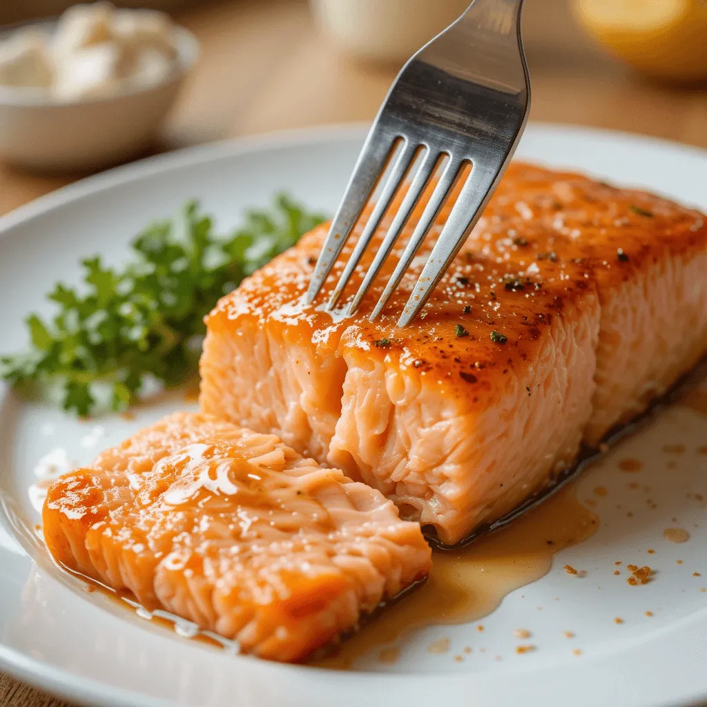 Salmon fillet with a fork gently flaking it, showing perfect texture and internal temperature of 145°F (63°C), with juices redistributed for optimal tenderness.