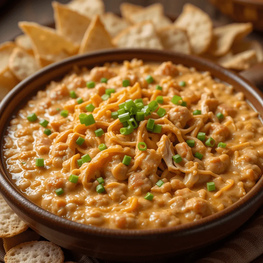 Buffalo chicken dip with melted cheese, shredded chicken, and green onions, served with toasted bread and tortilla chips on a wooden table.