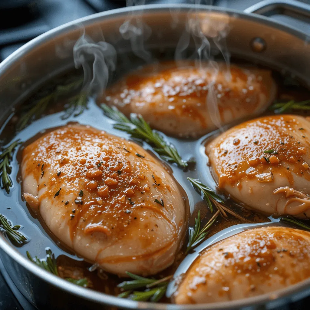 A close-up of a pot simmering on a stove with juicy chicken breasts submerged in clear, flavorful broth. Fresh rosemary and thyme surround the chicken, with steam rising to highlight the tenderness and moisture.