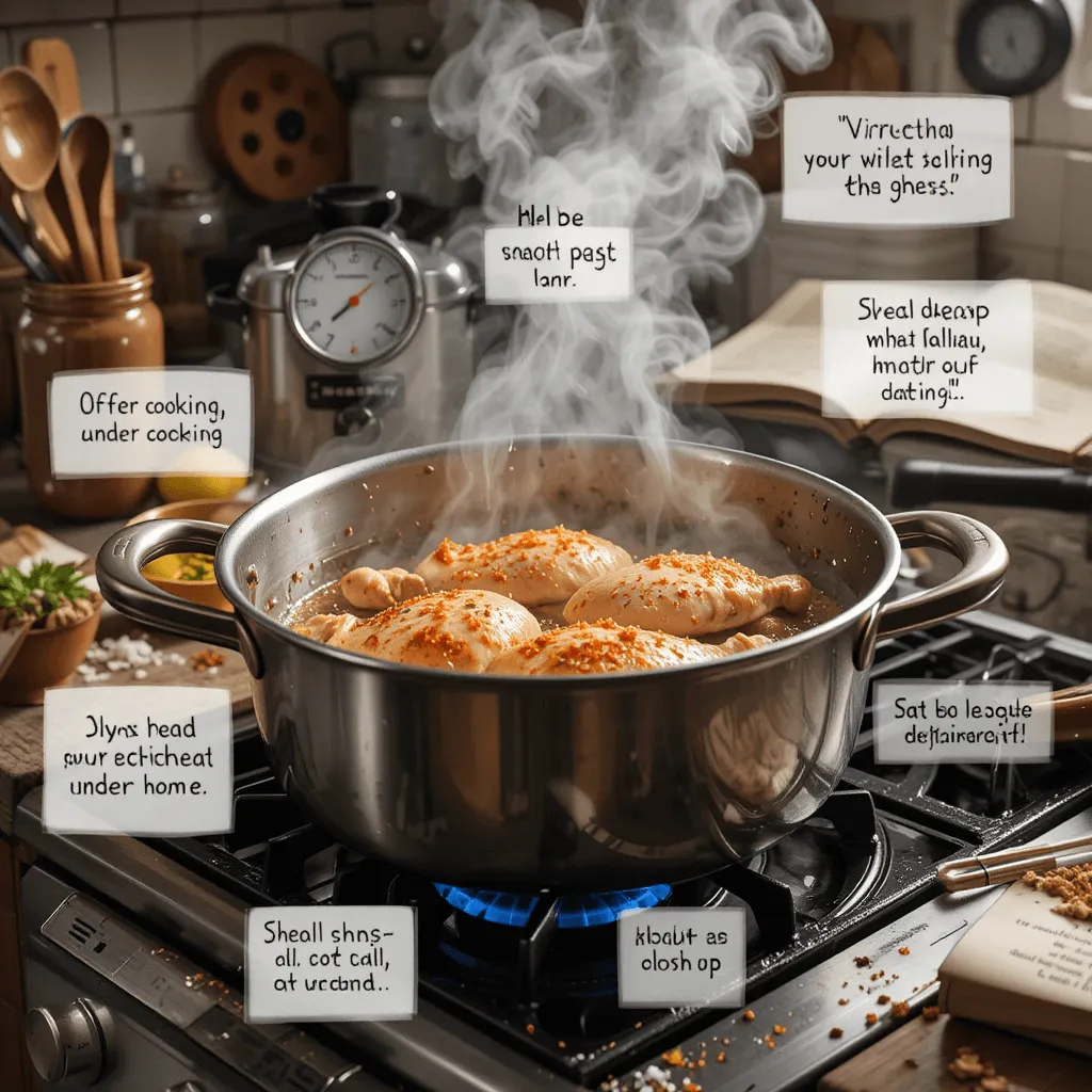 Pot of boiling chicken breasts with thermometer readings, timer, steam, and scattered spices, highlighting common cooking issues in a kitchen setting.