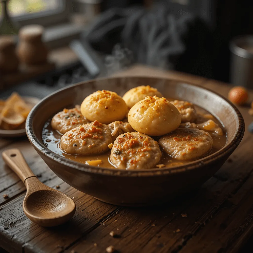 A steaming bowl of chicken and dumplings with golden-brown dumplings and tender chicken in a creamy broth, set on a rustic kitchen counter with warm lighting and a cozy atmosphere.