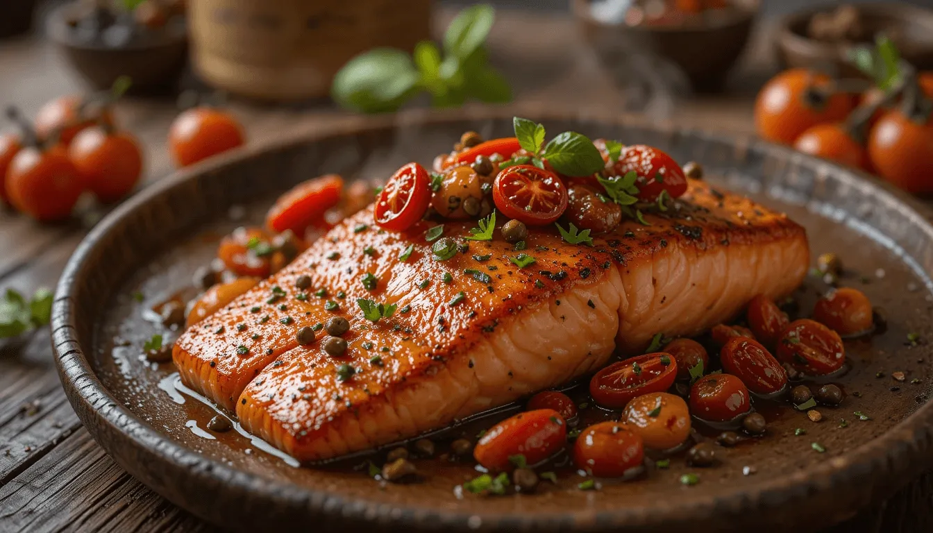 Tuscan-inspired salmon dish with sun-dried tomatoes, capers, and fresh herbs, set against a rustic, warm background.