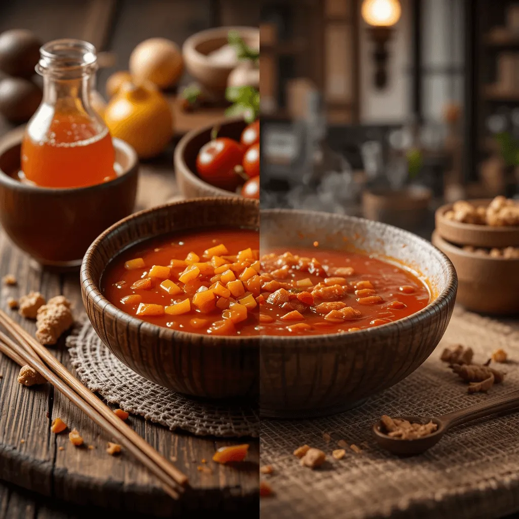 A visual comparison of traditional Chinese sweet and sour sauce with vinegar, sugar, and plums, alongside a Western adaptation with tomato-based sauce, set in contrasting rustic and modern kitchens.