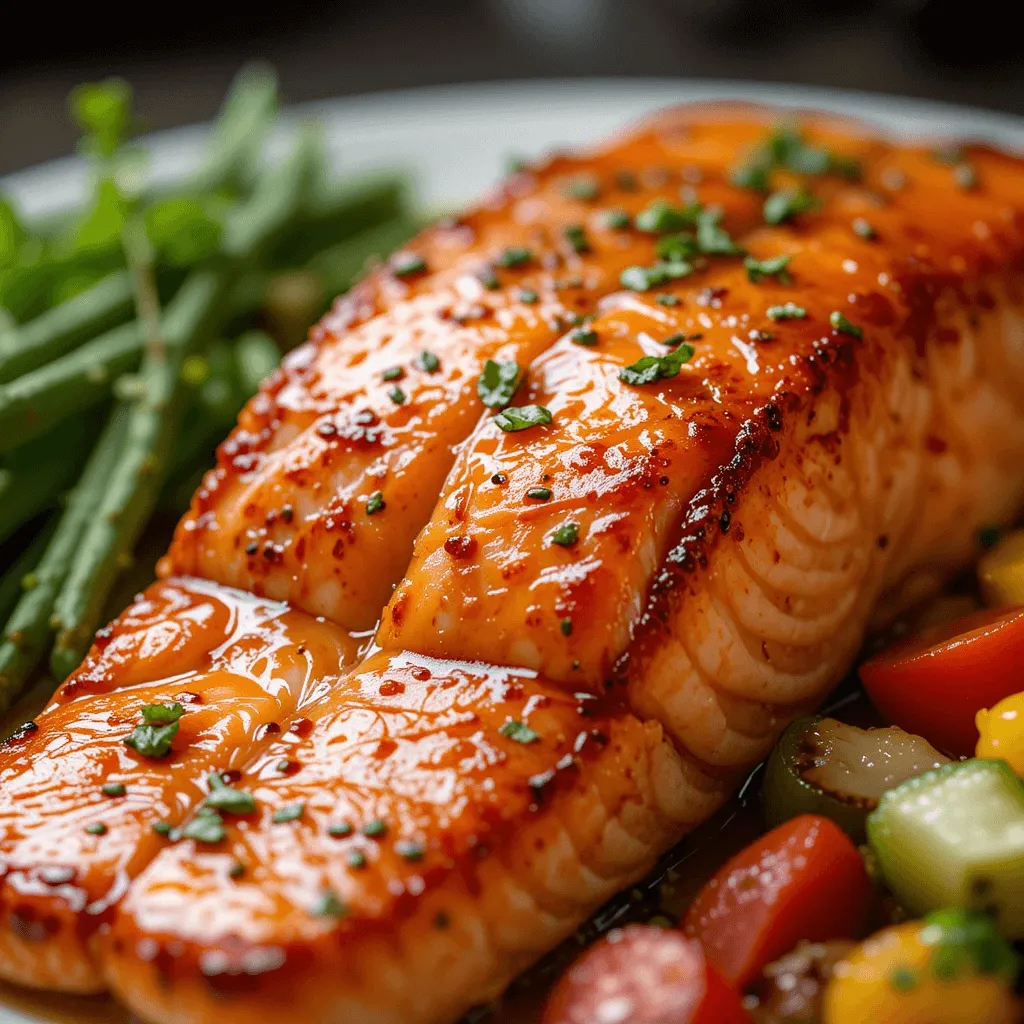 Close-up of honey garlic glazed salmon showcasing its rich texture and glossy glaze.