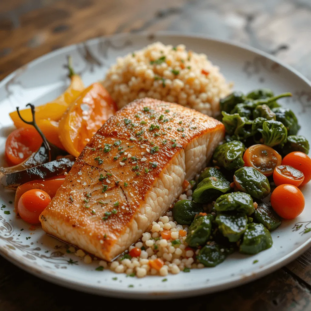 Seared salmon with roasted asparagus, grilled bell peppers, sautéed spinach, and couscous, creating a balanced and delicious meal.