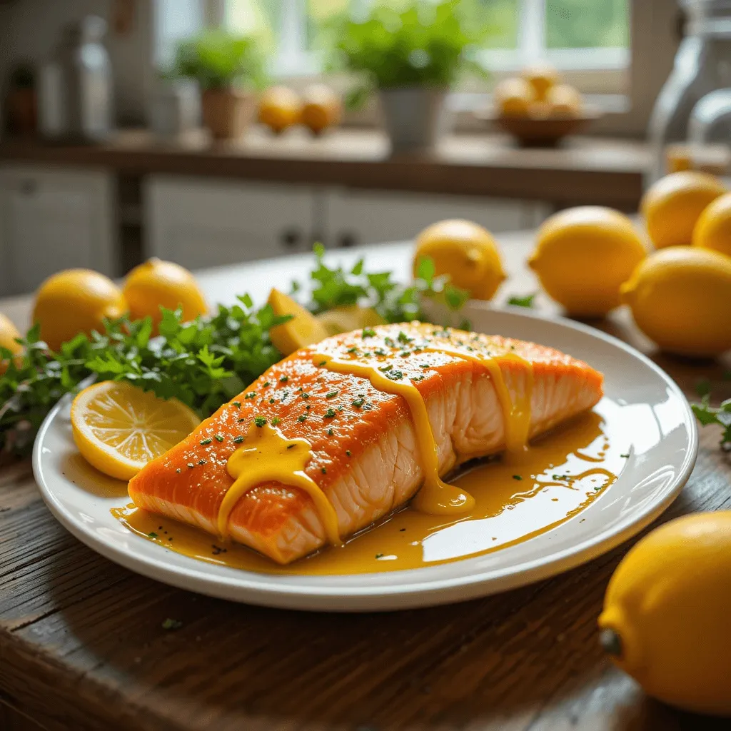 Salmon fillets drizzled with simple lemon sauce, with fresh lemon slices, herbs, and olive oil, highlighting the perfect balance of citrus and richness.