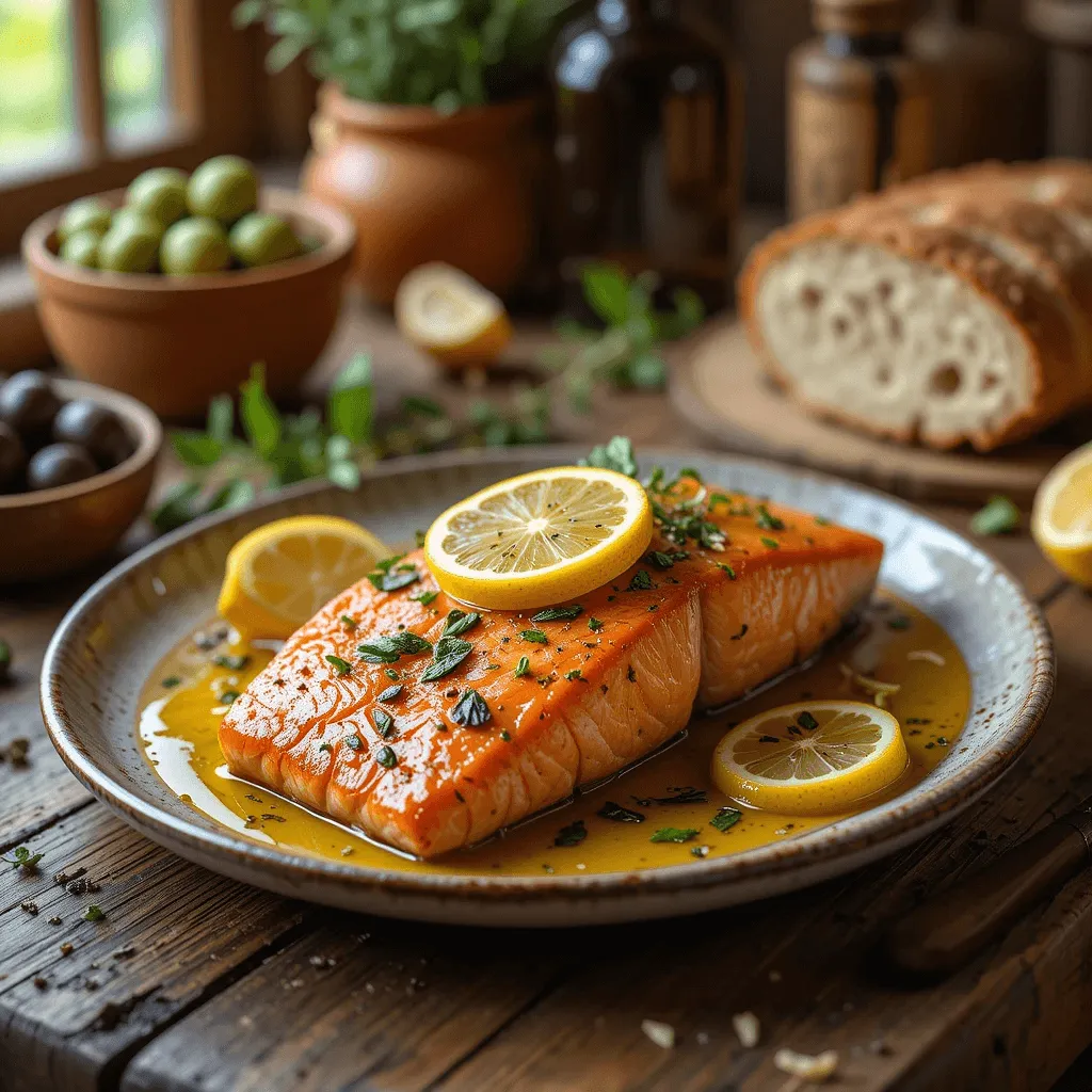 Tuscan salmon dish with extra virgin olive oil, garlic, herbs, and lemon, beautifully plated with rustic elements in the background.