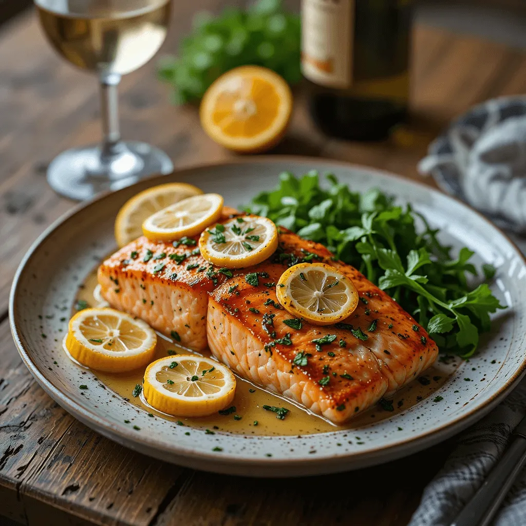 Tuscan salmon served with fresh herbs, garlic, and lemon slices, paired with a glass of Pinot Grigio, all set on a rustic wooden table.