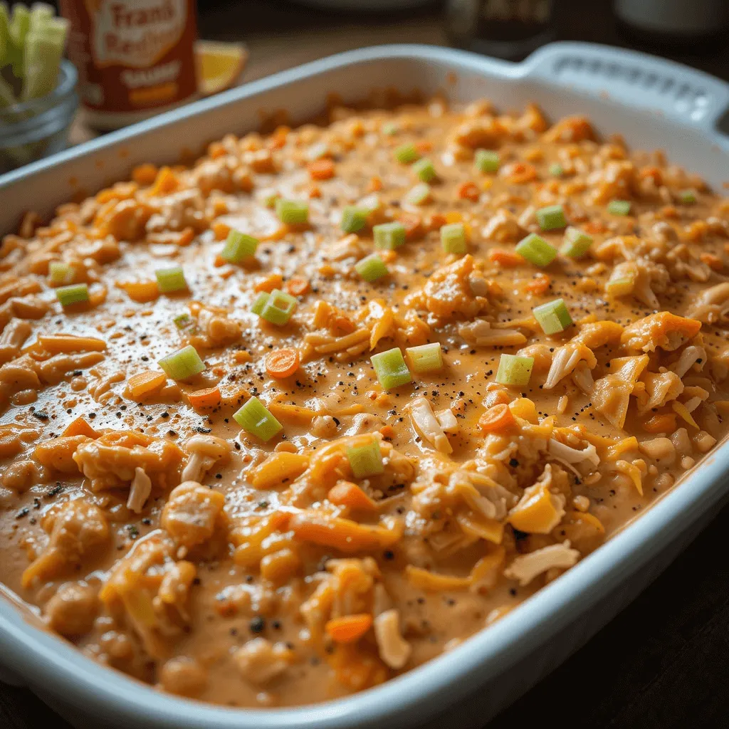 Warm and creamy buffalo chicken dip made with Frank’s RedHot sauce, shredded chicken, and melted cheese, served in a white baking dish with fresh celery and carrot sticks.