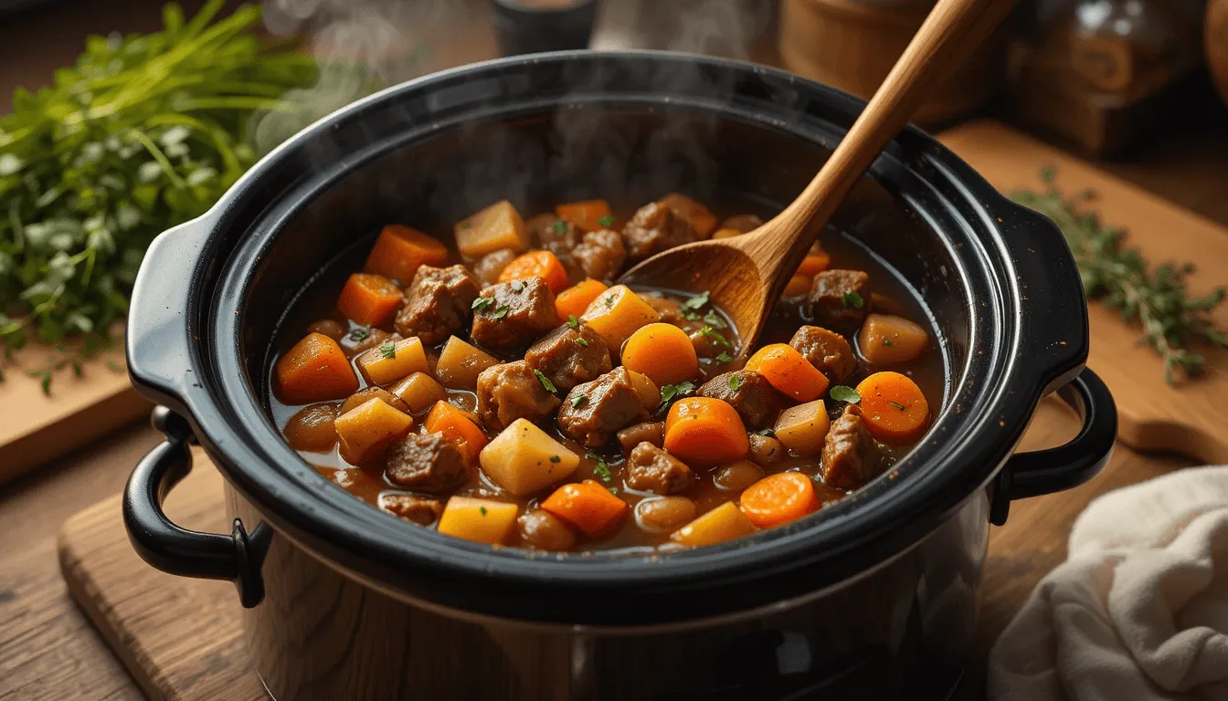 A steaming crock pot filled with homemade beef stew, featuring tender beef, carrots, and potatoes in a rich broth, garnished with fresh thyme